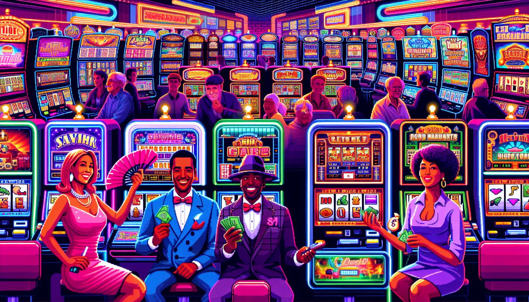 Create an image that captures the excitement of top-rated slot games in a vibrant casino setting. Include various slot machines with eye-catching themes and designs, showcasing their unique features such as bonus rounds and high payout percentages. To give a sense of authenticity, incorporate snippets of expert reviews and player testimonials displayed on digital signs or screens around the slot machines. Add cheerful players engaged with the slots, emphasizing the fun and thrill of playing these highly recommended games. Ensure the overall atmosphere is lively and energetic, with colorful lights and a festive vibe.