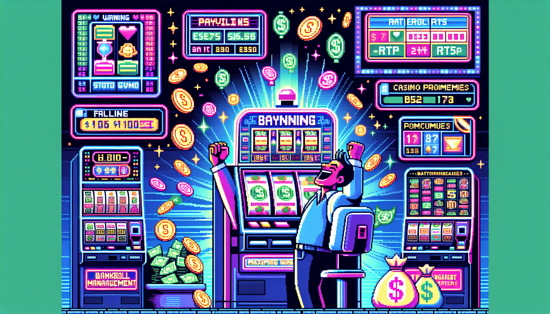 Prompt for DALL-E:

Create an image that illustrates the concept of maximizing wins in slot machine games. Include visual elements such as slot machines with a variety of symbols indicating high payouts, coins and bills symbolizing winnings, a player happily interacting with the slot machine, and graphics representing bankroll management, such as a money bag or a wealth meter. Incorporate signs showing tips and strategies for better slot play, and highlight features like paylines, RTP percentages, and casino promotions or bonuses in the background.