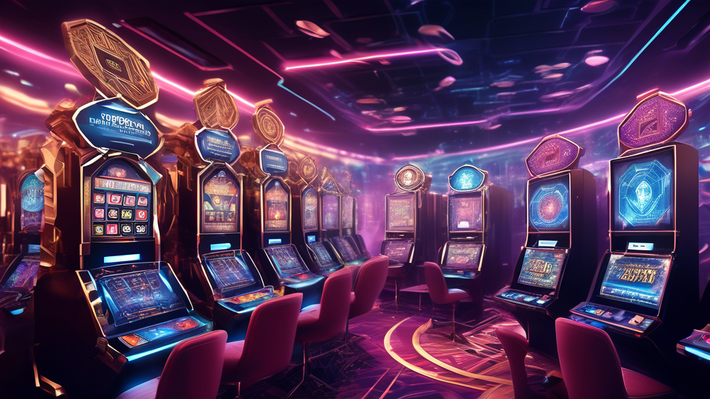 Create an image that showcases advancements in blockchain technology impacting crypto casinos in 2022. Include detailed elements such as blockchain networks with connected nodes, futuristic transaction interfaces displaying new diverse cryptocurrencies, and icons representing high-speed, low-cost transactions. The setting should be a dynamic and modern casino environment with subtle references to decentralized finance. Highlight the overall enhancement in technology, security, and efficiency. Keywords to include are blockchain advancements, new cryptocurrencies, and improved transaction speed.