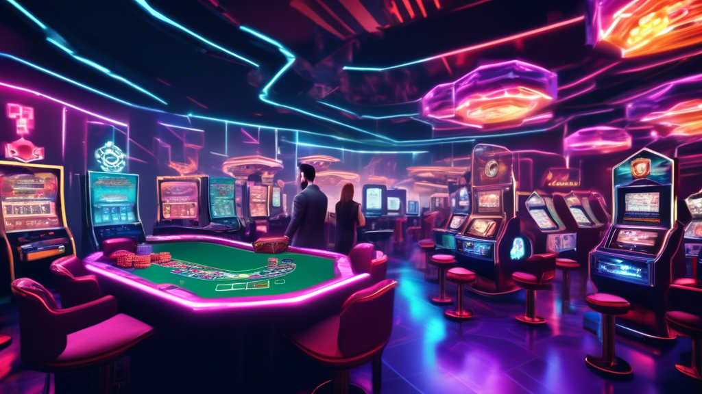 Title: Innovations in Crypto Casino Game Development and User Experience in 2022

Prompt: An immersive crypto casino in 2022 featuring cutting-edge game designs with futuristic themes and neon aesthetics. Virtual reality (VR) and augmented reality (AR) technologies are being used by players wearing VR headsets, interacting with holographic slot machines and virtual poker tables. The scene showcases a vibrant, high-tech environment with blockchain-powered transaction icons and secure, instant payment features. Highlight the seamless integration of these technologies enhancing the user experience for a modern, digital casino atmosphere.
