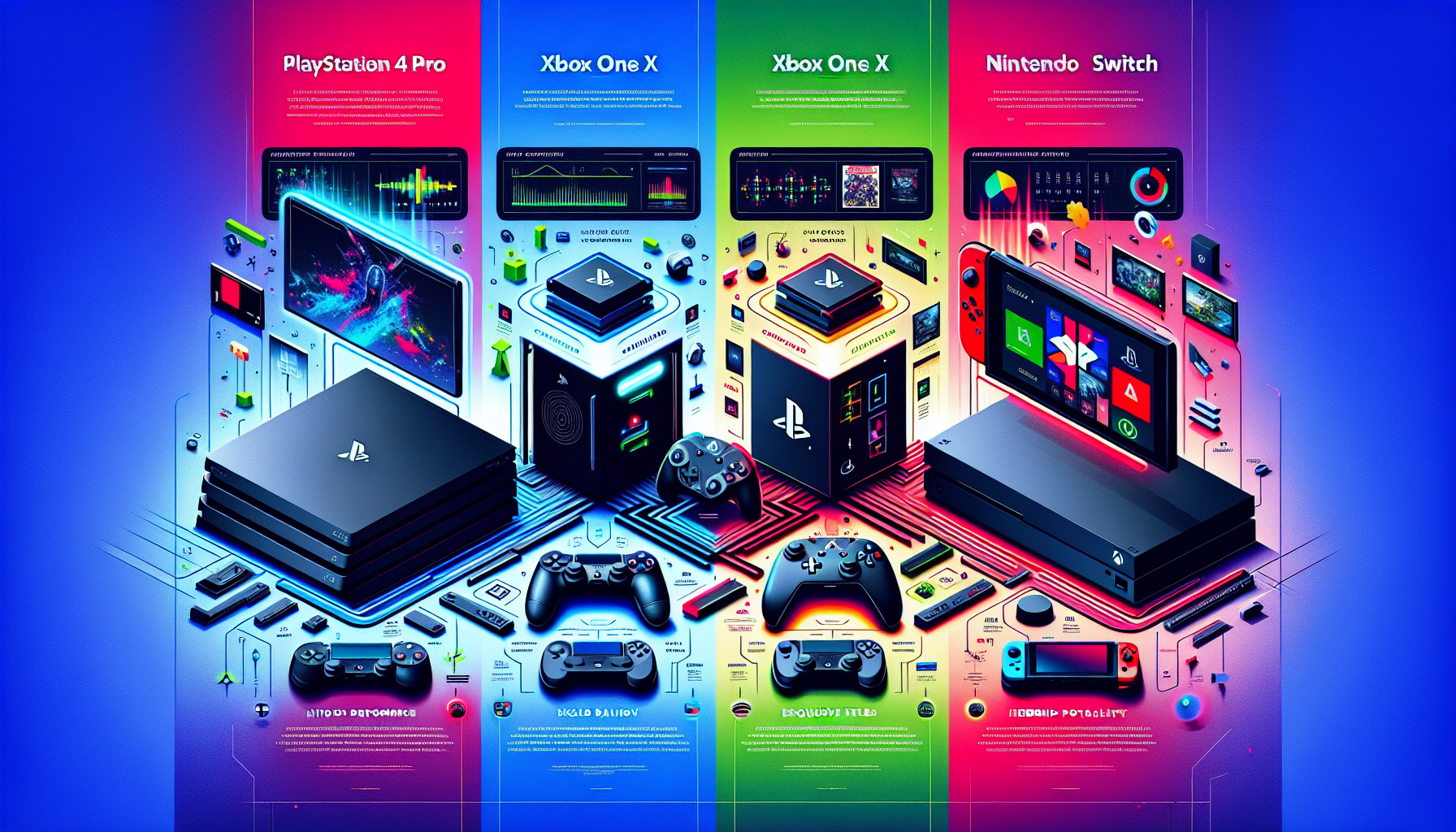 Create an image comparing the PlayStation 4 Pro with the Xbox One X and Nintendo Switch, highlighting their differences in performance metrics, exclusive titles, and user experiences. Emphasize the unique features and value propositions of the PlayStation 4 Pro, showcasing reasons why gamers might consider upgrading to it.