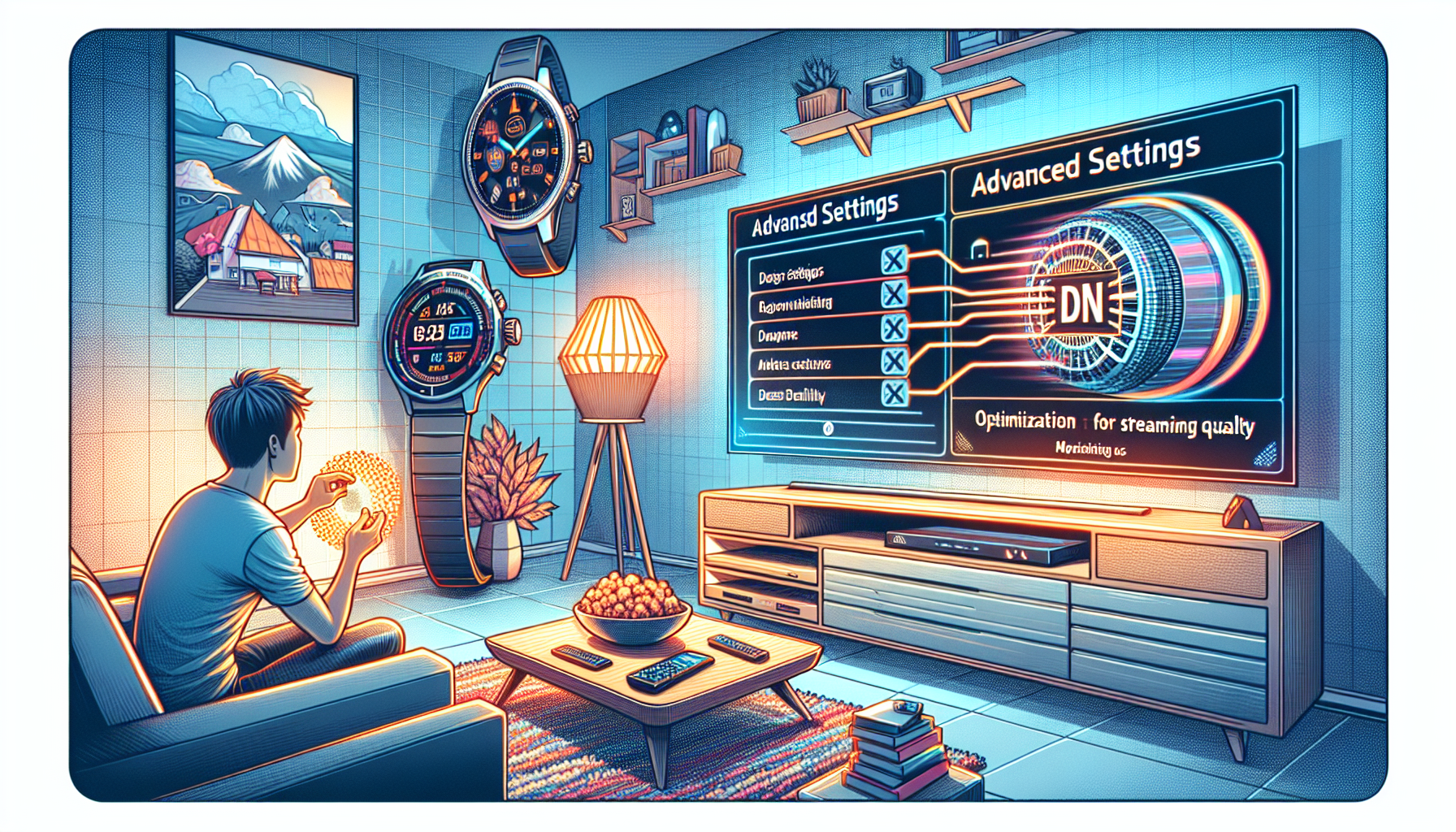 Create a detailed, vibrant illustration showing a user configuring advanced DNS settings on a Samsung Smart TV. The scene should include a modern living room setup with the Smart TV displaying DNS configuration options for optimal streaming quality. Nearby, display other Samsung devices like a smartwatch and a Blu-ray player, with subtle visual cues suggesting the ease of DNS configuration on those devices as well. Infuse a sense of technological sophistication and simplicity, underscoring the benefits of properly configured DNS for enhanced device performance.