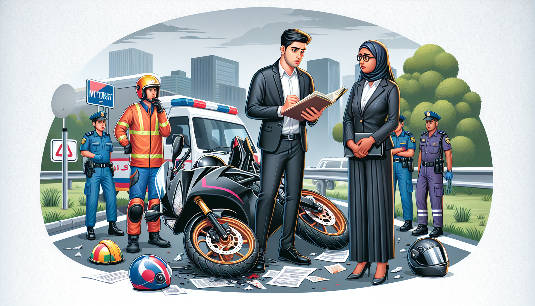 An artistically composed image of a motorcyclist at the roadside right after an accident, consulting urgently with a lawyer from a motorbike accident law firm. The lawyer is shown examining documents and explaining procedures to the distressed motorcyclist, with emergency services and police in the background, actively working on scene documentation and traffic management.