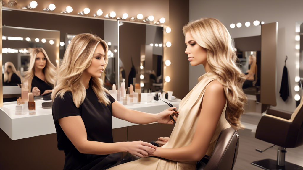 Create an image that illustrates a woman with brown hair seated in a modern salon setting, her hair being carefully divided into sections by a professional colorist. The colorist is selecting blonde foils and shades, matching them against the woman