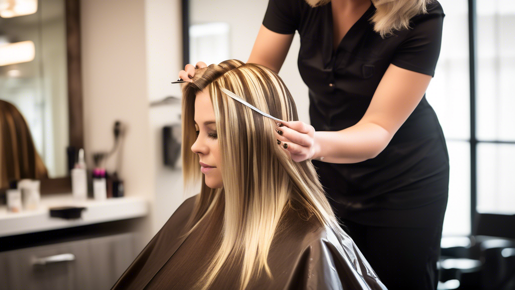 A professional hairstylist meticulously applying blonde foils to a client