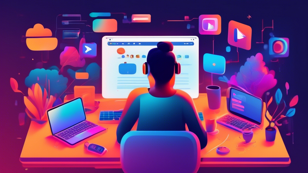 Create an image of a person using a laptop, open to an unblocked YouTube site, with various security tools and browser extensions icons surrounding the screen. The environment is cozy with a desk, a cup of coffee, and soft ambient lighting, emphasizing both security and a pleasant user experience while streaming content.