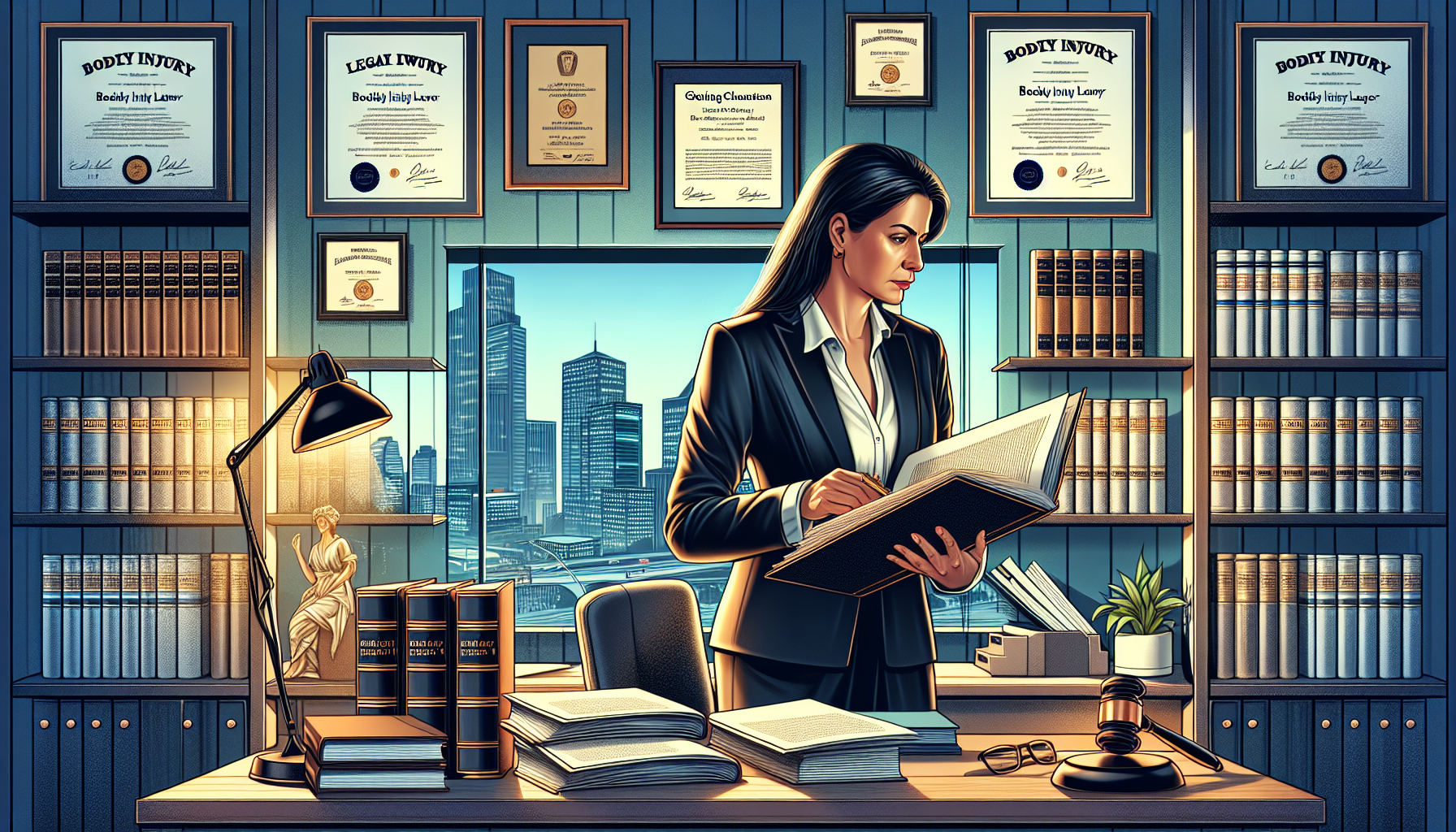 **DALL-E Prompt**: Create an image of a professional and confident bodily injury lawyer in an office setting, surrounded by legal books and documents. The lawyer, a middle-aged South Asian woman, is reviewing a large, open legal file intently. On the walls, display a mix of degrees, awards, and glowing client testimonials. The office should also reflect a local cityscape visible through the window, suggesting expertise in local laws. The overall ambiance is of a dedicated, experienced lawyer ready to handle complex legal challenges.