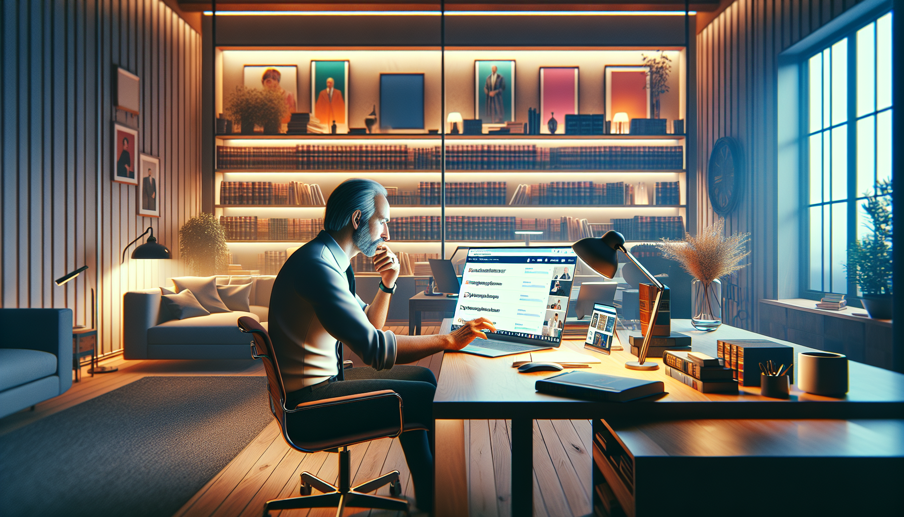An individual browsing through an online directory on their laptop, with visible tabs open for local bar association websites and law firm pages, in a cozy, well-lit home office setting.