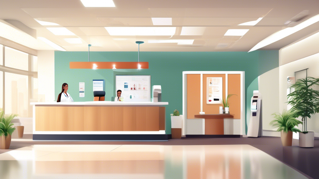 Create an image showing a modern medical clinic with a friendly receptionist at the front desk, a large sign pointing to Quick Booking & Walk-ins Welcome, short waiting line, and a clear sign indicating Extended Hours & Weekends Open. The setting is welcoming and efficient to symbolize the ease and convenience of finding an easy DOT physical near you.