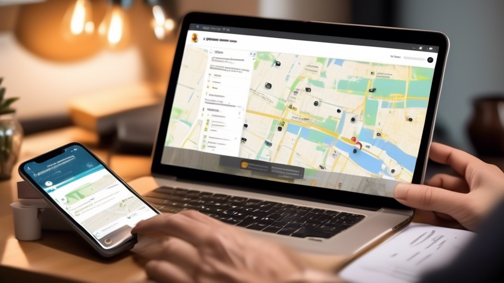 Create an image showing a truck driver using a smartphone to browse through an online directory of nearby DOT physical locations. The background should feature a cozy home office setup, with a glowing computer monitor displaying positive reviews and testimonials. An easy-to-read map and icons for quick booking options, extended hours, and weekend availability should be visible on the screen. The overall theme should convey ease and convenience, reflecting the relaxed and relieved expression of the driver.