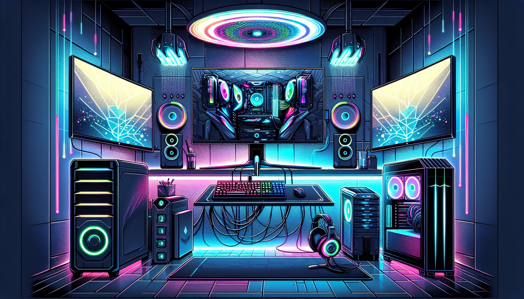Create an image of a sleek, modern esports cave showcasing high-performance gaming gear and technology. Include a powerful gaming PC setup with RGB lighting, dual high-refresh rate monitors, and a mechanical keyboard with customizable keys. Display a top-tier gaming mouse on a large mousepad, along with a gaming headset resting on a stand. Incorporate a low-latency internet router and organized cable management. Ensure the scene captures the essence of a high-tech, immersive gaming environment.