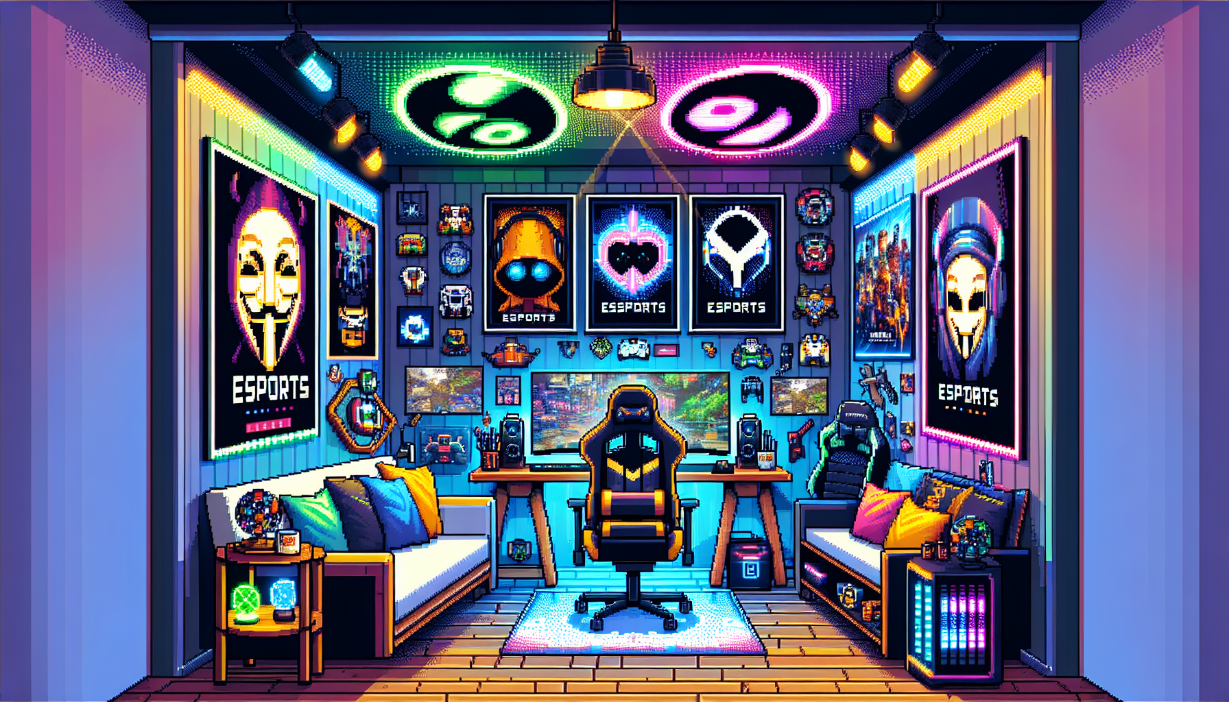 Design an image of a personalized esports cave filled with custom decorations. Include vibrant posters of popular esports games on the walls, an array of colorful LED lights creating a dynamic atmosphere, and themed decor elements that reflect the owner
