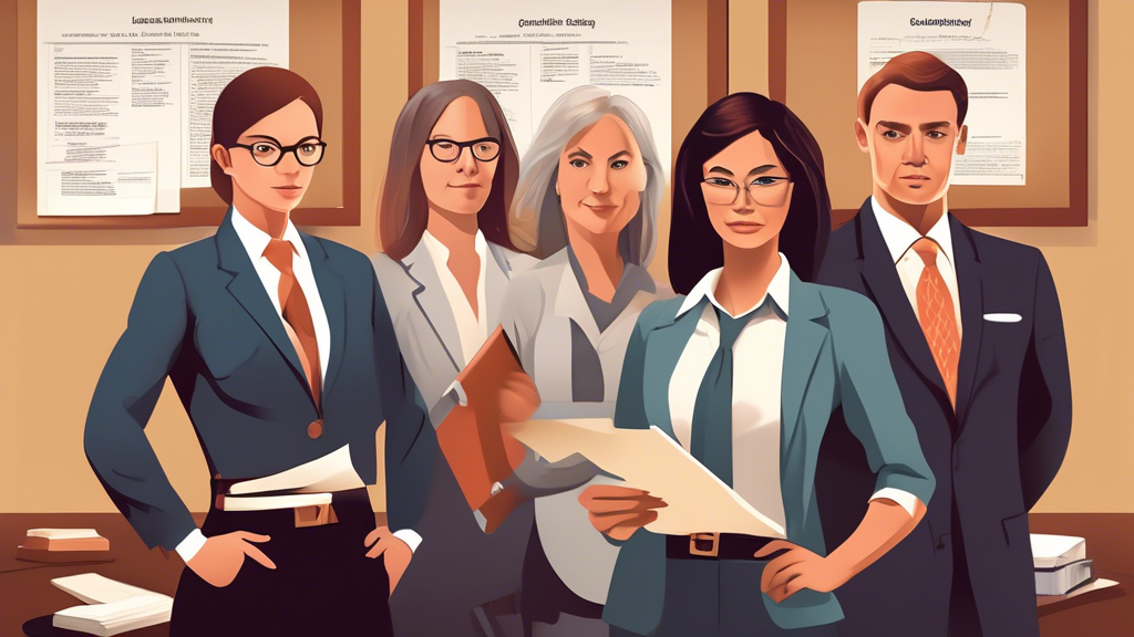 Create a detailed and professional illustration showing a group of injury attorneys with key qualities highlighted. The attorneys should be pictured in an office setting with elements representing their expertise, such as law books and diplomas on the walls. Emphasize the following qualities by incorporating them as labels or symbols around the image:

1. **Experience and Track Record:** A calendar showing 
