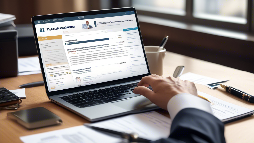 Create an image depicting a person researching injury attorneys on a laptop, surrounded by notes and referral lists. The screen displays various properties like 