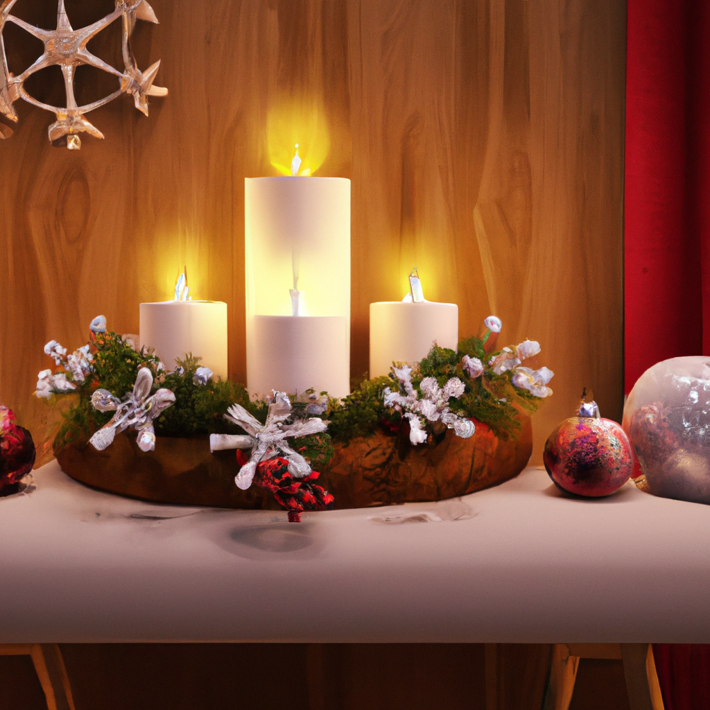 Create an image depicting a cozy living room decorated for Christmas, focusing on a stylish Christmas candle holder on a mantlepiece. The candle holder should complement the room’s decor, showcasing how it matches the modern style of the furniture and festive decorations. Add a sense of warmth and safety with a well-placed fire extinguisher nearby. The room should be tastefully festive, with stockings, garlands, and a Christmas tree in the background, highlighting the importance of matching the candle holder to the home