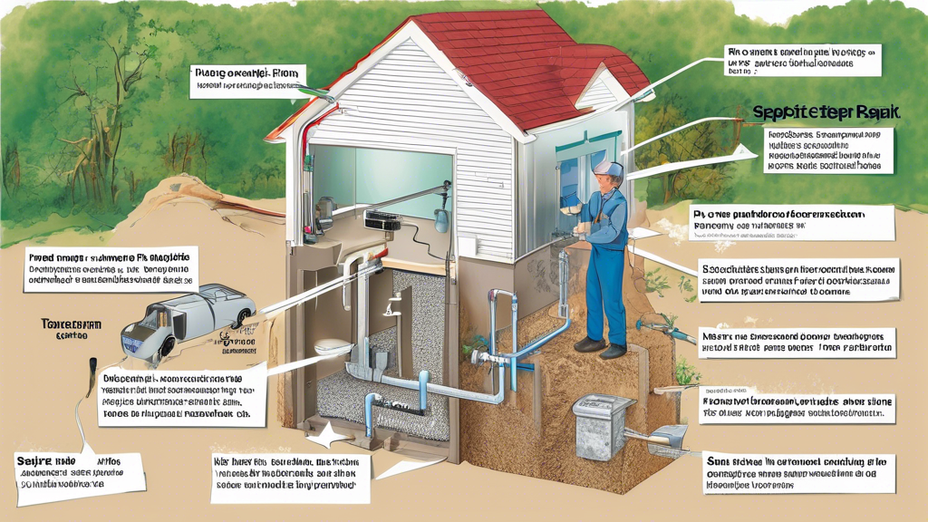 Create an image that depicts a step-by-step guide to septic pump repair. The image should include a detailed, cutaway view of a septic system with labeled components. It should highlight a technician using essential tools and safety gear, troubleshooting the pump, and performing repair or replacement tasks. The environment should be clean and show organized tools, ensuring clarity and instructional value.