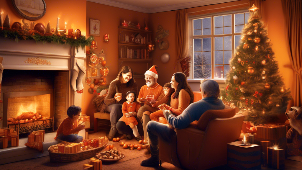 DALL-E prompt: Illustrate a festive and cozy British Christmas scene, featuring a family gathered around a fireplace, sharing and enjoying slices of Terry