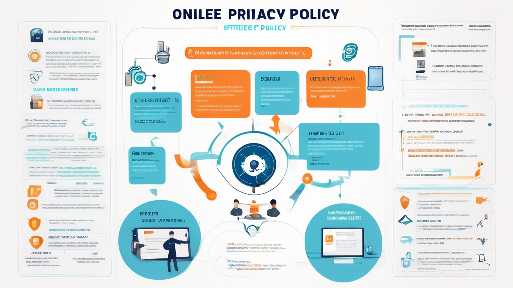 Create an image of a detailed and visually appealing infographic that breaks down the key components of an effective online privacy policy. Emphasize three main sections: Data Collection and Usage with icons representing user data like emails and preferences, User Rights and Control showing options like 