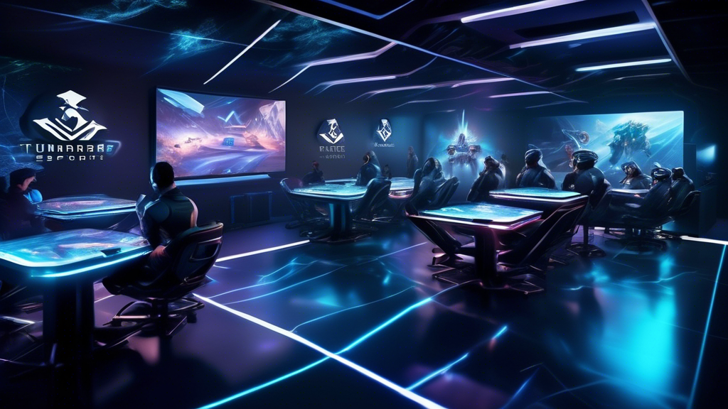 Create an image titled: Future Vision of Tundra Esports. The image should depict a dynamic and futuristic scene with the Tundra Esports team strategizing around a holographic table displaying various virtual games and competitions. The background should include sleek, modern technology and esports paraphernalia, hinting at cutting-edge innovation and upcoming challenges. Highlight elements such as logos of new game titles, potential sponsors, and community events on digital screens around the room. The overall vibe should be ambitious and forward-looking, portraying the team’s readiness to conquer new heights in the esports world.