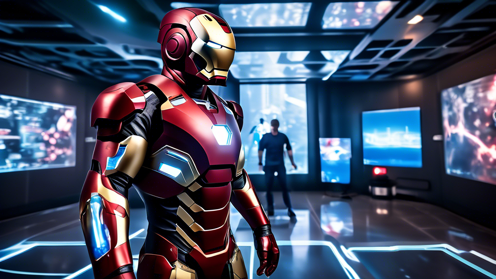 A high-resolution image of a gamer fully immersed in the PlayStation VR Iron Man experience, showcasing the detailed suit customization screen in the game. The background highlights an interactive environment, such as a high-tech lab or bustling cityscape, with various mission options displayed. The foreground features holographic elements illustrating combat techniques, and a VR headset emblem or a PlayStation VR logo can be subtly included to emphasize the immersive controls. The scene should capture the excitement and advanced features that set the game apart.