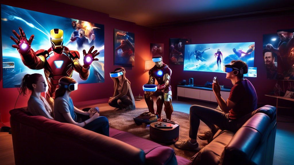 Create an image showcasing a group of enthusiastic gamers in a vibrant living room, each wearing PlayStation VR headsets and immersed in the Iron Man experience. In the background, a large TV screen displays exciting action scenes from the game. Include snippets of rave reviews and high ratings from both players and critics on the walls, emphasizing why PlayStation VR Iron Man is being hailed as a must-try experience. Incorporate subtle comparisons to other VR superhero games in the decor for a comprehensive feel.