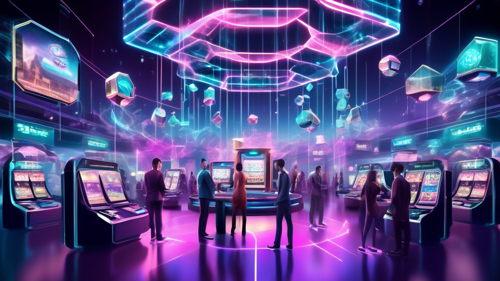 Create an image showing a futuristic casino with holographic slot machines, digital card tables, and virtual reality gaming stations. The entire scene should be underpinned by visual elements representing blockchain technology, such as interconnected blocks and chains of data floating in the background. Include a diverse group of people interacting with the casino, illustrating an exponential adoption and growth of blockchain casinos in the future.