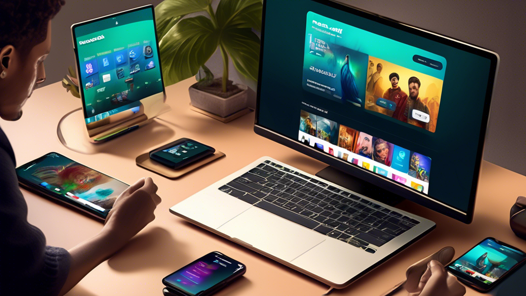 Create an illustration showing a variety of devices such as a smart TV, smartphone, tablet, and laptop, all streaming content from Peacock. The scene should capture the high streaming quality and user-friendly interfaces of the Peacock app, showcasing vibrant, engaging visuals of popular shows or movies. Include icons or subtle graphics to indicate excellent bandwidth performance and seamless navigation.