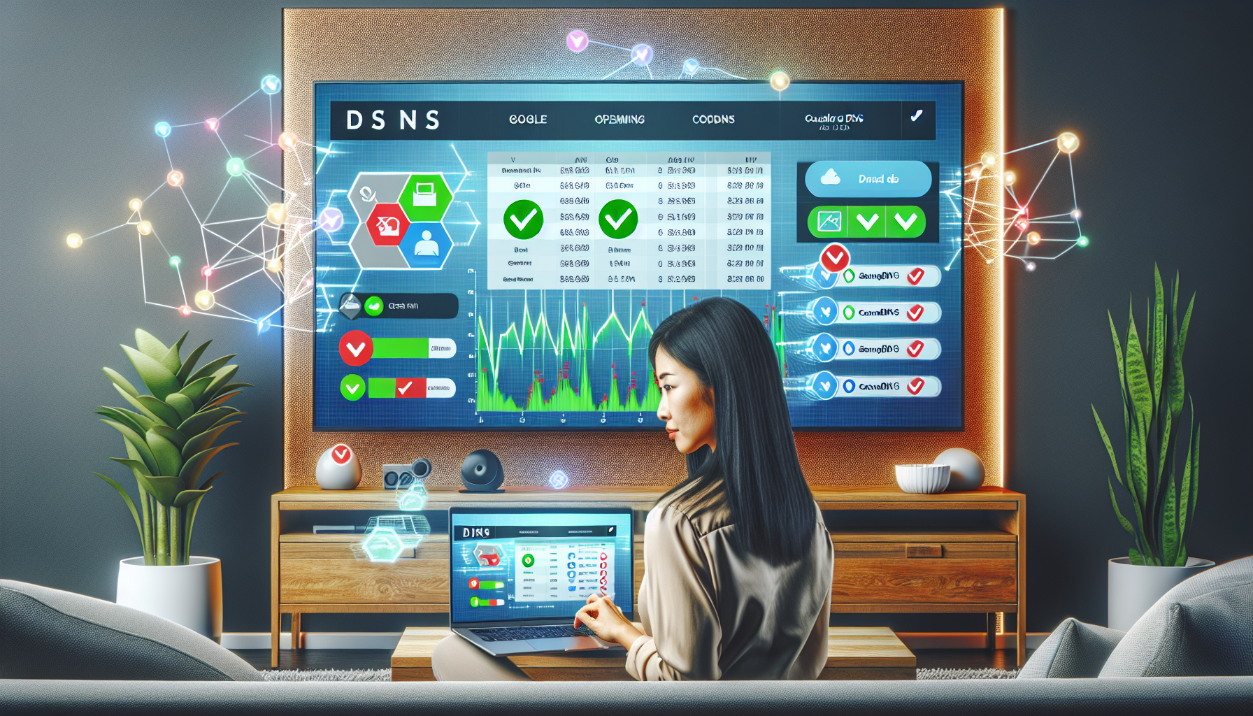 **DALL-E Prompt:**

Create an image that shows a person thoughtfully comparing different DNS providers for their Samsung TV. The scene should feature a Samsung TV in the background showing a streaming interface, while the person looks at a laptop with a table or chart on the screen comparing popular DNS providers like Google DNS, OpenDNS, and Cloudflare DNS. Include icons or logos of these DNS providers and visual hints of pros and cons, such as thumbs up/down or green check marks/red crosses. The setting should be a modern living room with the person looking focused and analytical.