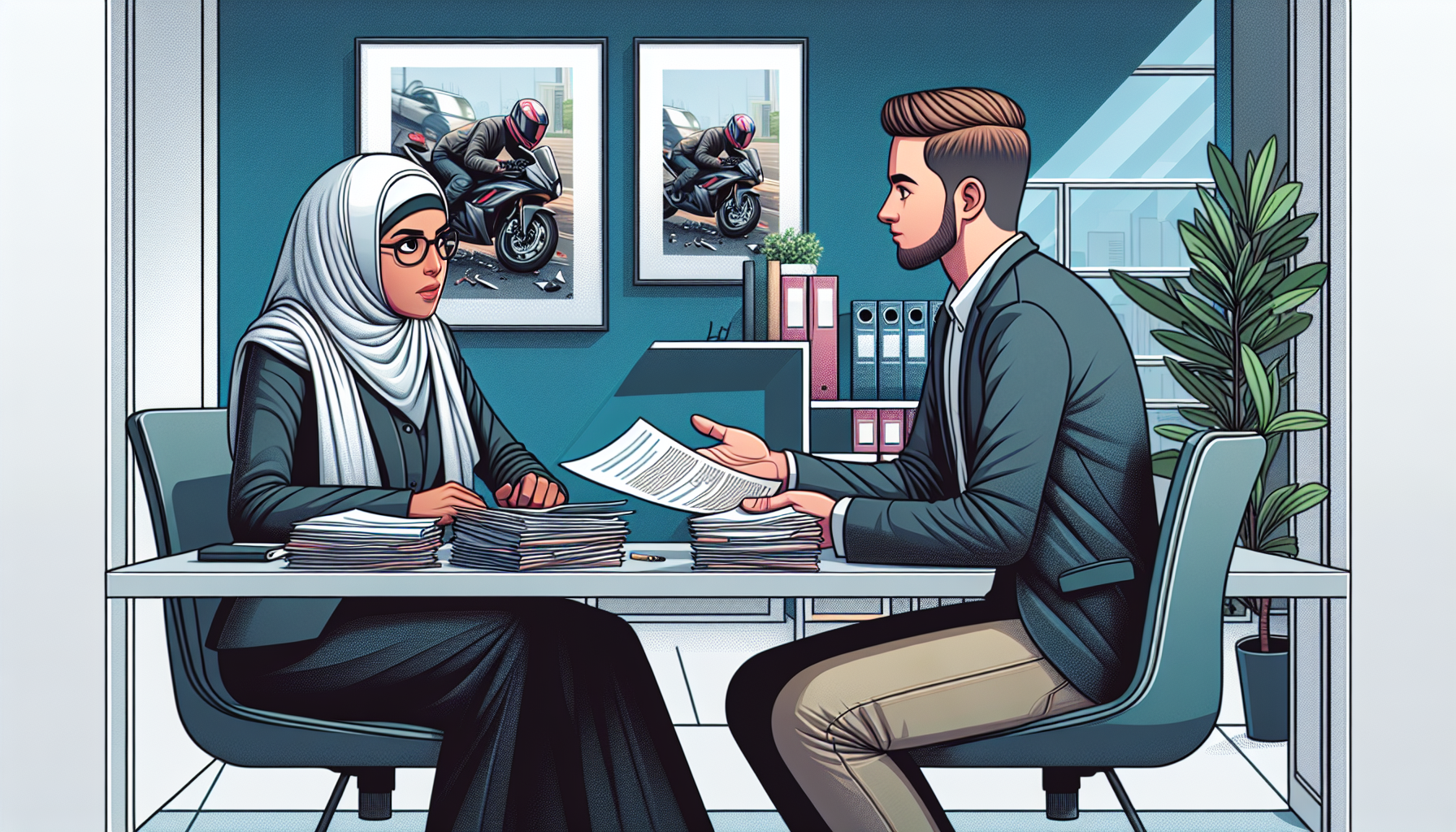 An experienced lawyer explaining the documentation required for a motorbike crash claim to a client in an office setting, with a visible motorbike crash scene photo and insurance papers on the desk, emphasizing attentive interaction to avoid common pitfalls in the claim process.