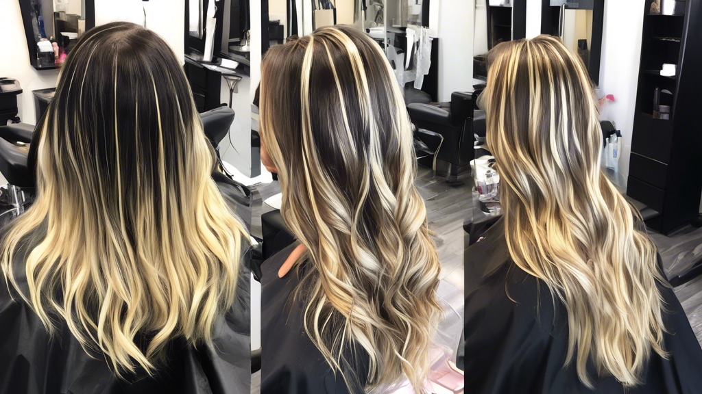 Create an image depicting a step-by-step process of adding blonde foils to dark hair. Include a professional hair stylist sectioning and applying foils to a client