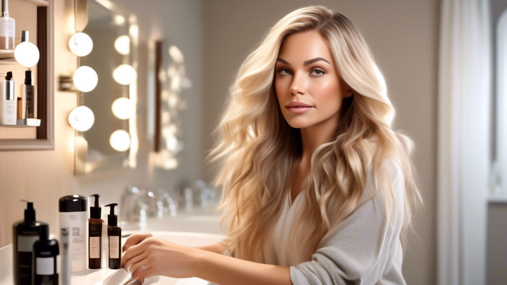 Photorealistic image of a woman with dark hair featuring beautifully maintained blonde foils. She is in a cozy, well-lit bathroom, applying high-quality hair care products to her hair. On the counter, there are several hair care products specially designed for colored hair, and a calendar showing her scheduled touch-up appointments. The background should showcase a serene and organized setting, filled with green plants and plush towels, emphasizing a self-care and nurturing environment.