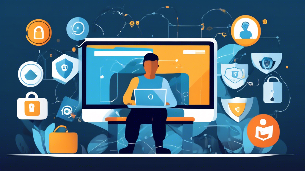 Create an image of a person sitting at a computer, accessing a blocked site safely. The screen should display a webpage with a secure lock icon and trusted source badges. Surrounding the person are visual elements representing online security, such as shield icons, a VPN logo, and warning signs for malicious links and phishing attacks. The background should depict a safe and protected online environment, emphasizing data and privacy protection.