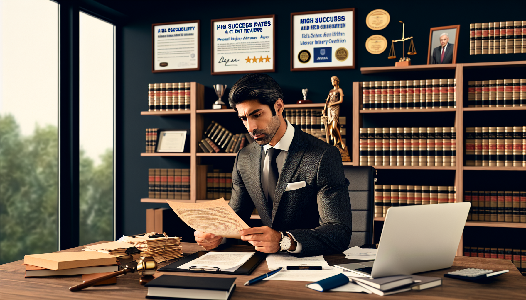An experienced local personal injury attorney sitting at a desk, surrounded by legal books and documents, thoughtfully reviewing a client