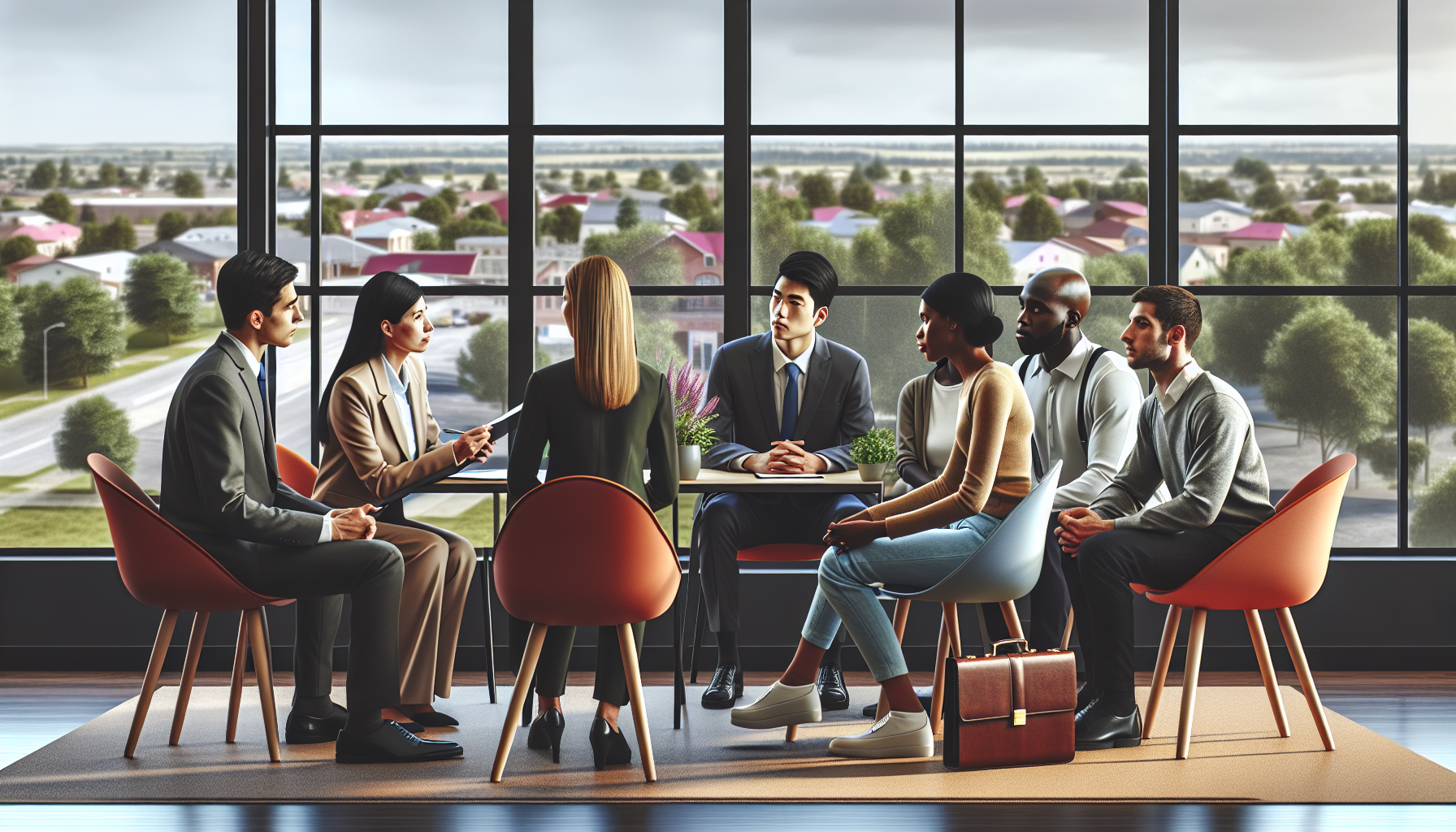 Diverse group of potential clients sitting in a neatly organized consultation room with a friendly and professional local personal injury attorney, discussing their cases with large windows showing a bustling small town outside, emphasizing the connection and familiarity of the attorney with the local community.