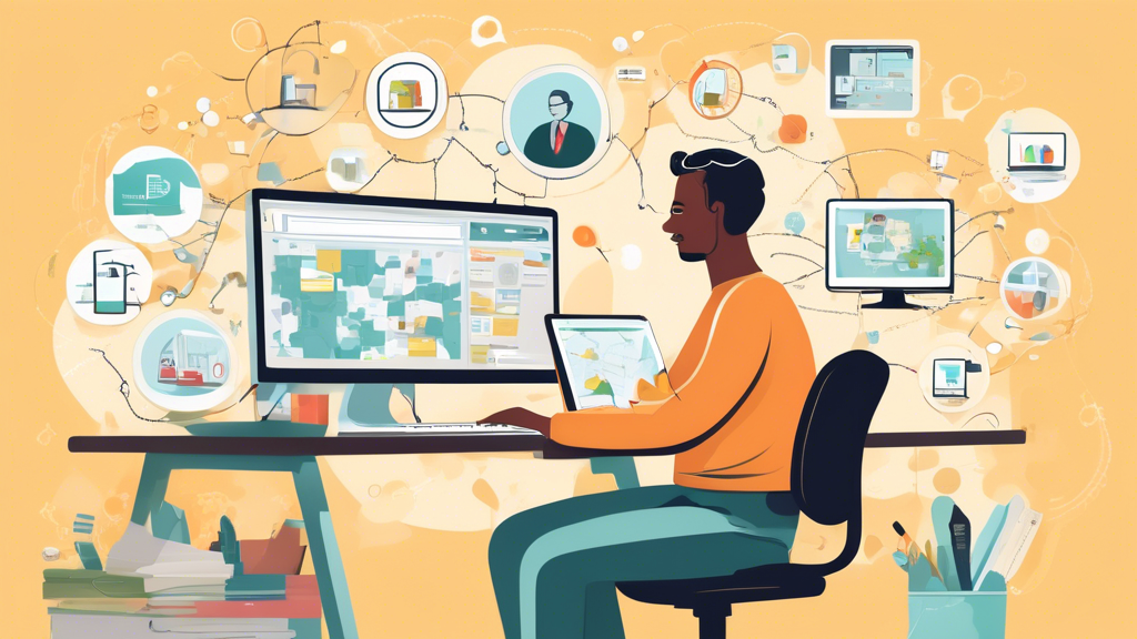 Create an image of a person sitting at a computer desk, with multiple tabs open on the screen showing online directories, search engines, local business listings, and map services. Surrounding the person are thought bubbles that include icons of local businesses and contractors giving recommendations. The background should subtly feature a cozy, well-organized home office setting. The focus should be on the idea that the person is searching for physical permit services nearby using various effective strategies.