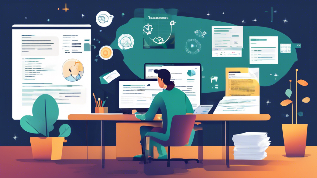 Create an image of a person sitting at a desk in a modern office environment, surrounded by paperwork and permit documents. The person is using a laptop to research local permit service providers on a professional-looking website. Floating info-graphics around the person show various aspects of evaluating providers: a chart comparing costs, customer reviews with stars and comments, and a checklist of key factors to consider (reliability, experience, range of services). The background subtly includes maps and business listings to add context.