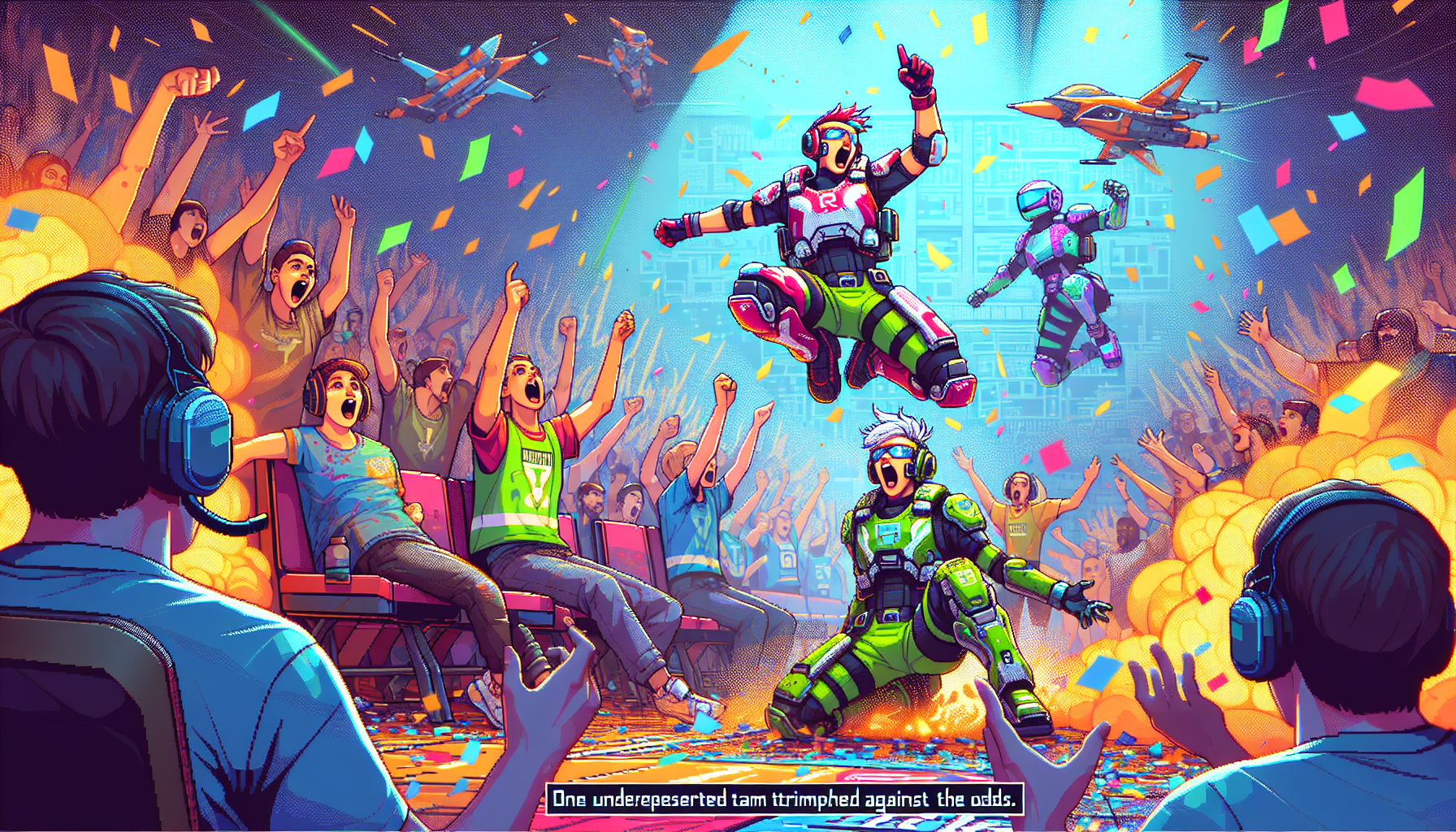 Prompt: Create a vibrant and dynamic scene capturing the excitement of the Overwatch 2 tournament. Focus on moments of major upsets and surprising victories, featuring an underdog team celebrating an unexpected win. Include animated reactions from both fans and players, with speech bubbles showing quotes and reactions from players, coaches, and commentators expressing astonishment and excitement. Convey a sense of drama and wonder through energetic action shots and vivid colors.