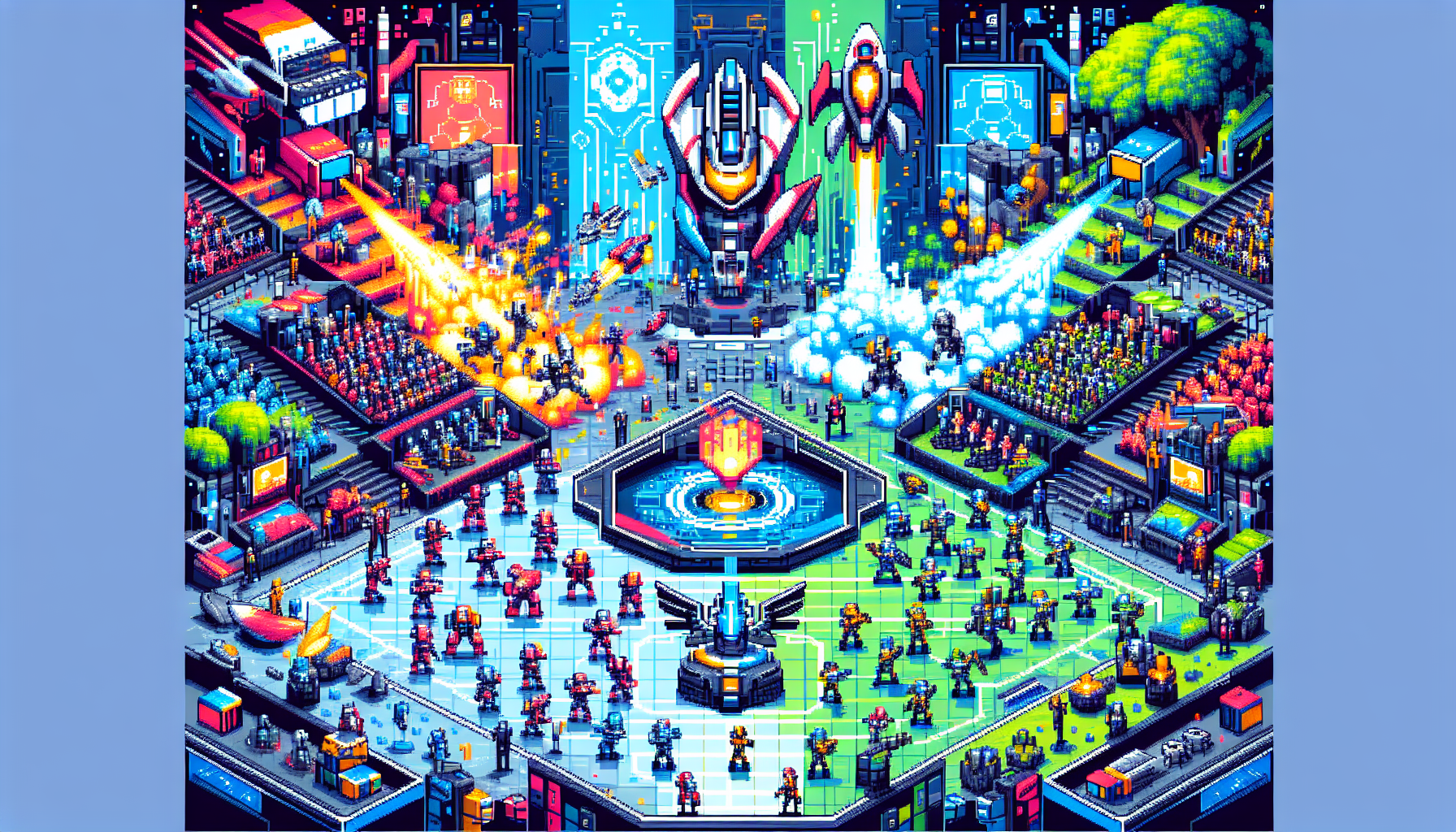 Create an image that captures the innovation and evolving meta strategies in the Overwatch 2 tournament. Depict a dynamic scene highlighted by new heroes and maps easily recognizable by the game
