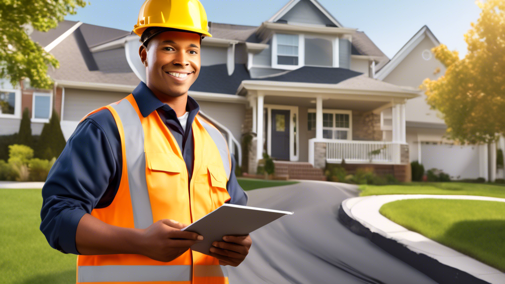 Create an image of a friendly and professional technician assessing an underground sewer line using advanced no-dig repair equipment. The background includes suburban homes and a clear sky, reflecting a residential neighborhood. Include elements that show qualities of reliability and trustworthiness, such as the technician wearing a branded uniform and carrying a clipboard with detailed paperwork. The image can also feature a house with a spotless yard to signify non-invasive repair methods.