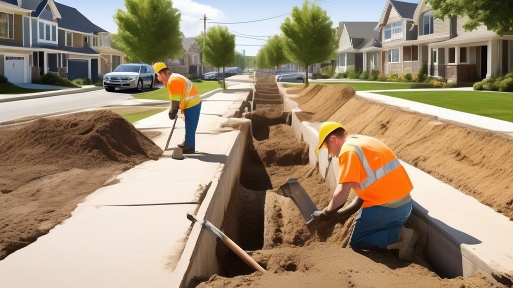 Create an image that illustrates the cost and time efficiency of no dig sewer repair. The scene should feature a cross-section of a suburban street with workers efficiently performing a no dig sewer repair. Include a clear comparison between the traditional sewer repair method, which requires significant digging and disruption, and the no dig method, which is quicker and minimally invasive. The image should highlight key points like Lower Costs, Quicker Repairs, and Minimal Disruption, emphasizing the benefits of the modern no dig approach for local repairs.