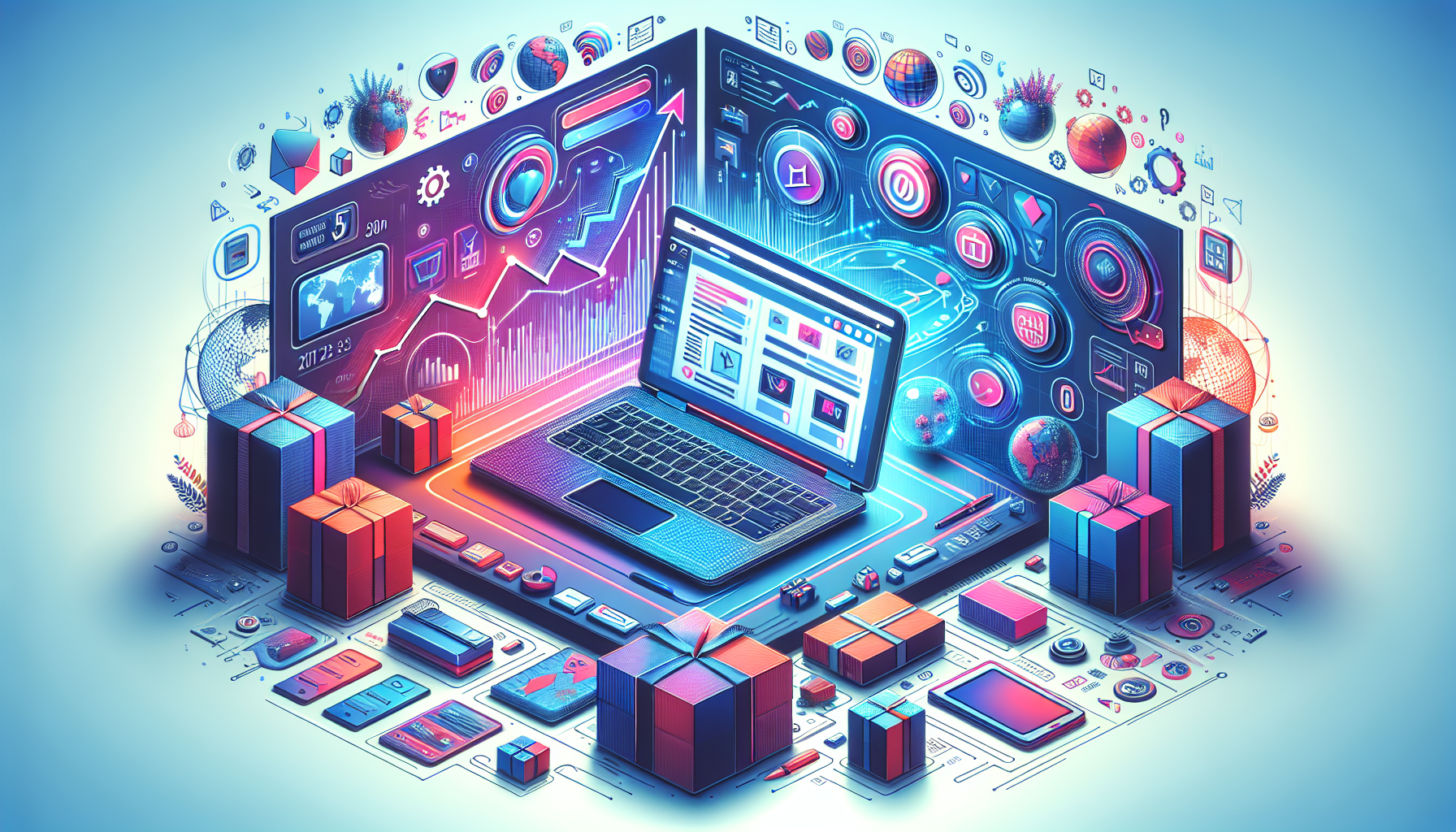 Prompt for DALL-E:

Create an image depicting the concept of e-commerce in 2023. The scene should include a laptop displaying an online store interface, surrounded by packages and various niche products. Also feature icons of popular e-commerce platforms like Shopify and WooCommerce, along with graphics representing market trends such as a rising graph. The atmosphere should exude the potential and growth of online businesses, showcasing the modern tools and possibilities available for turning a profit through e-commerce and dropshipping.