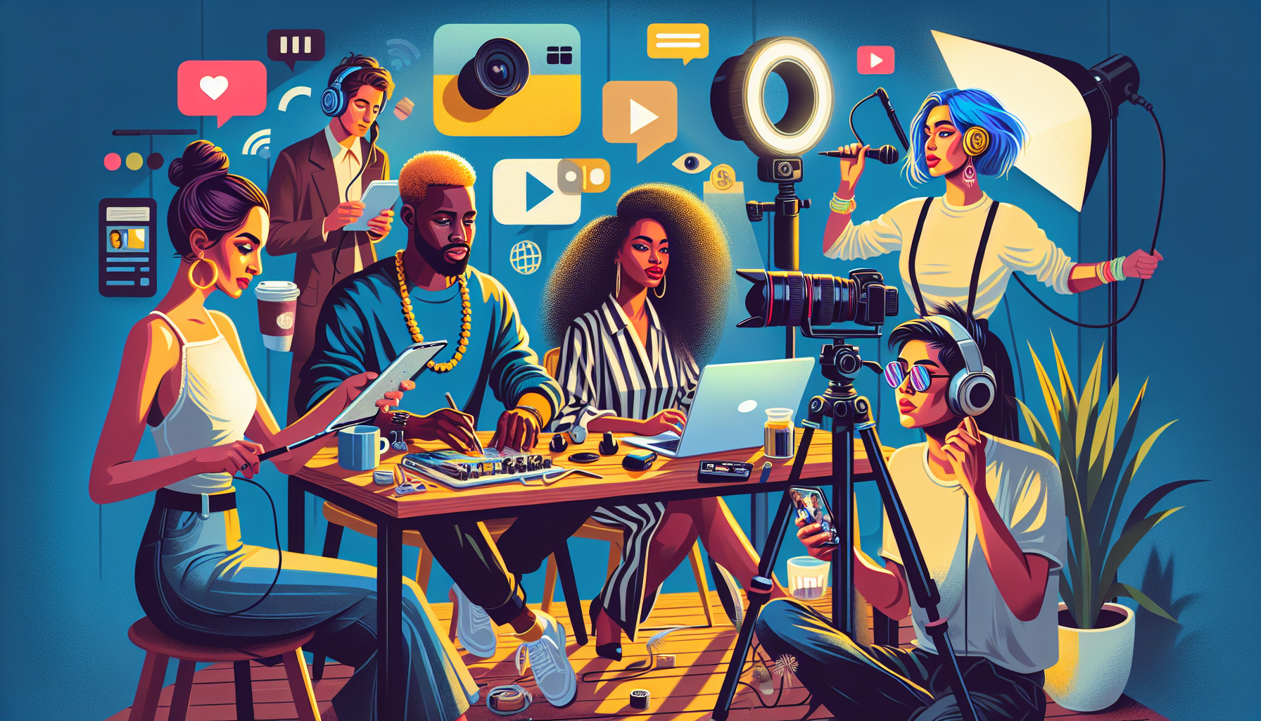 Create a visually engaging scene featuring diverse content creators at work in various environments. Include a blogger typing diligently on a laptop, a vlogger recording with a camera setup, and an influencer live-streaming on a smartphone with ring light. Each creator is in their unique space, surrounded by tools of their trade such as microphones, lighting equipment, and stylish workstations. Show a dynamic and colorful atmosphere, emphasizing the energy, passion, and creativity involved in these online hustles. Highlight the digital interfaces they are interacting with, showcasing social media platforms, blogs, and video editing software to illustrate monetization strategies like affiliate marketing, sponsorship deals, and ad revenue.