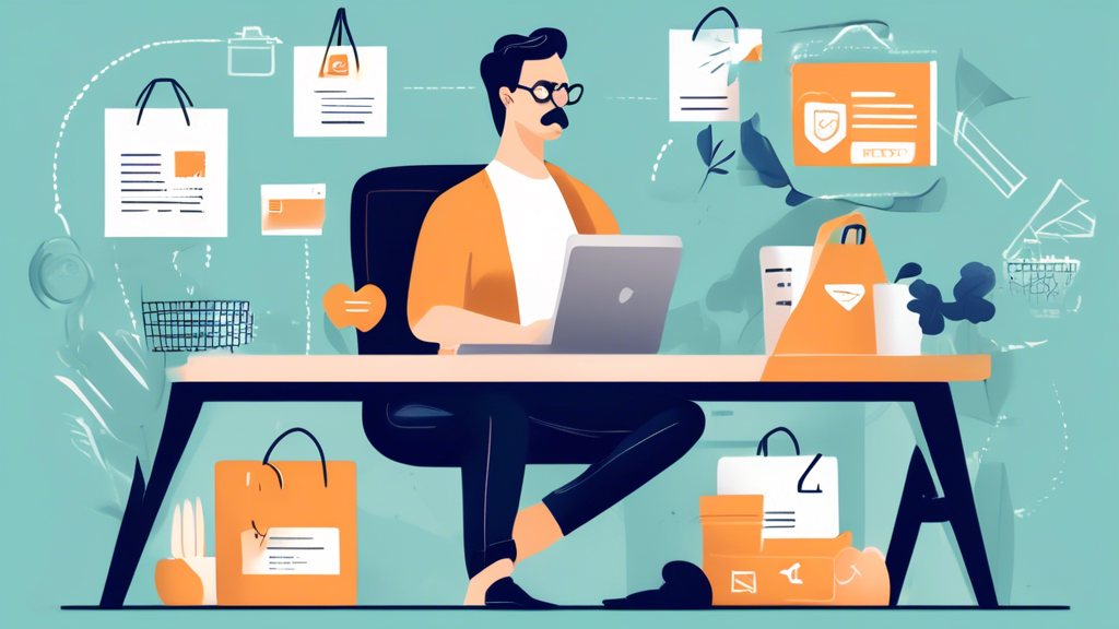 A digital illustration showing an online e-commerce store owner sitting at a computer, using an easy-to-navigate website tool to create a privacy policy. The background features elements like checklists, templates, and customization options, symbolizing the step-by-step process of crafting a tailored privacy policy. There are icons representing free tools and regular updates, with a visually engaging and professional style that emphasizes simplicity and efficacy. The overall scene exudes a sense of accomplishment and ease in managing privacy policies for an online business.
