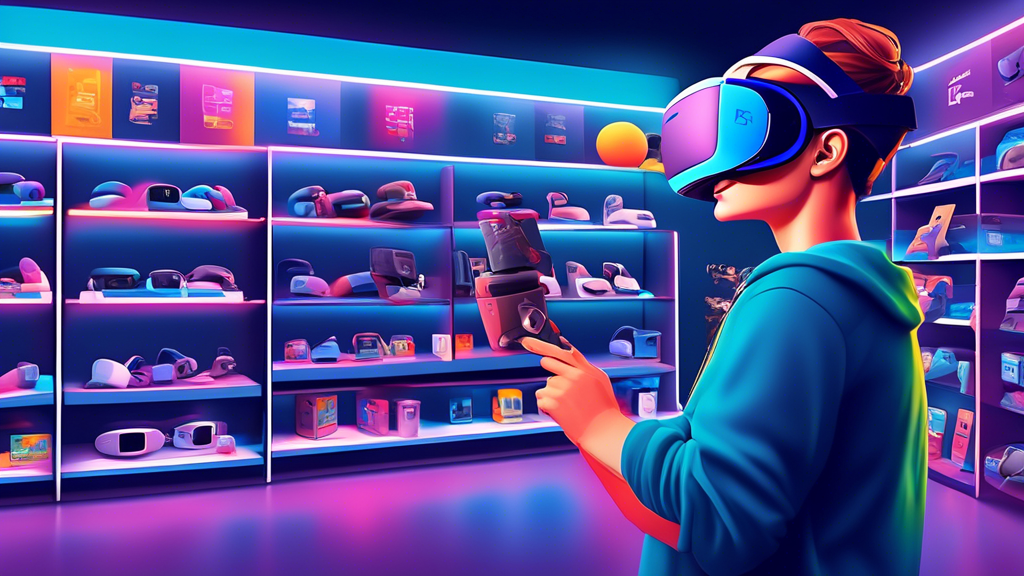 Create an image depicting a shopper comparing different PlayStation VR models in a gaming store setting. The shopper is evaluating price tags and reading product details, with a focus on compatibility information. The background should include shelves stocked with PlayStation VR boxes and relevant accessories, providing a visually detailed and informative scene about buying PlayStation VR.