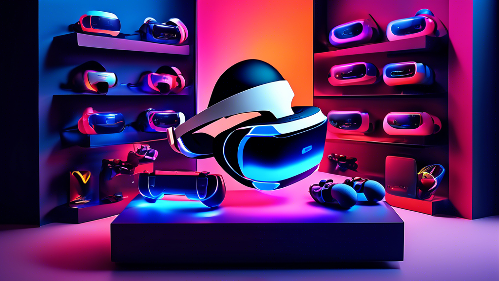 Create an image showcasing a variety of PlayStation VR accessories and games, neatly organized on a stylish gaming setup. Include essential accessories like motion controllers, VR headset stands, and high-quality headphones, alongside top-rated games with their vibrant covers displayed. The background should resemble a modern gaming room, highlighting the ultimate PlayStation VR experience.
