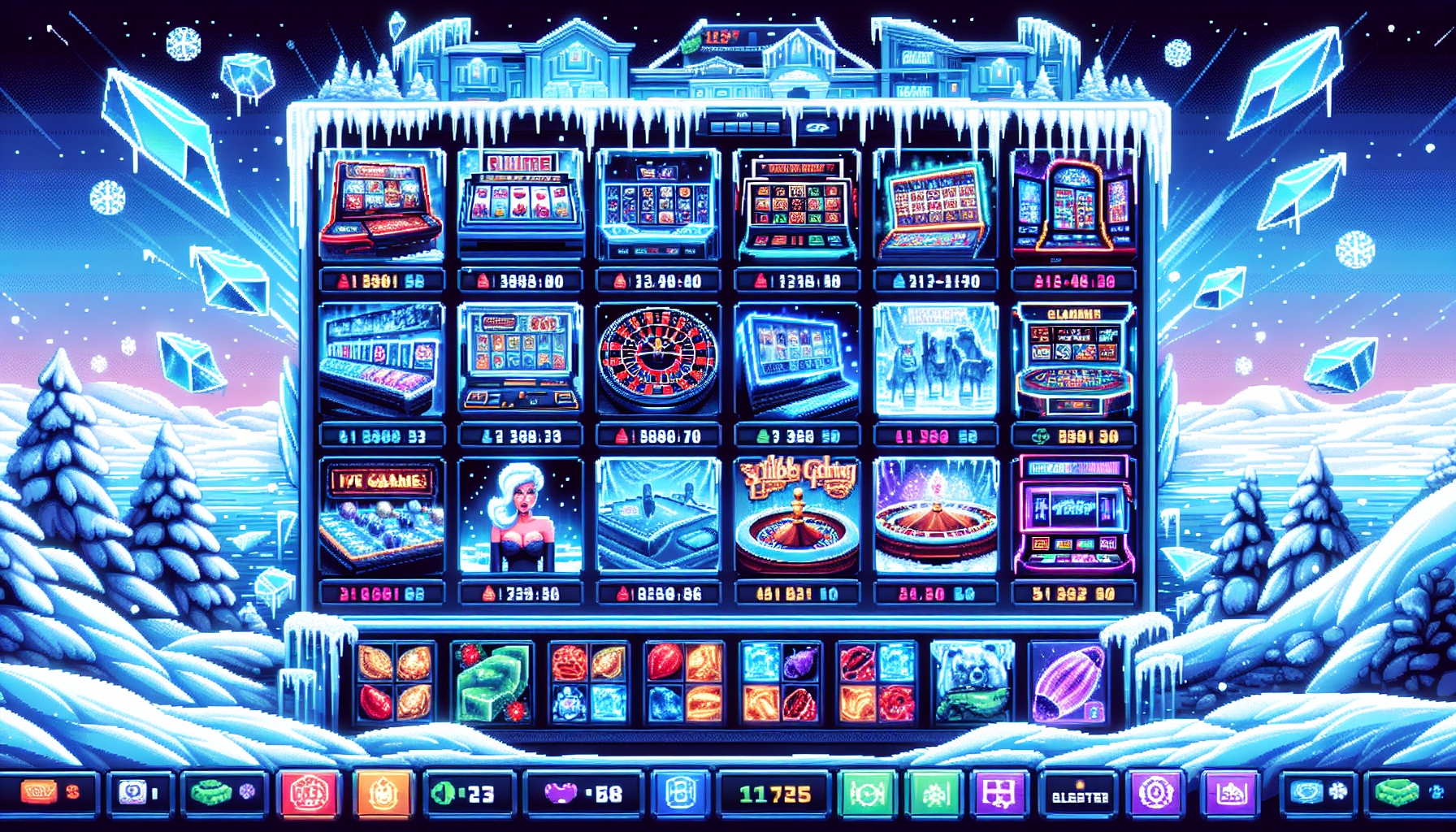 Create a vibrant and thrilling image of the Ice Casino game selection screen. Show a wide variety of game options including slot machines with ice-themed graphics, animated table games like blackjack and roulette, and interactive live dealer options with icy backdrops. Highlight popular and exclusive ice-themed games with eye-catching icons and dynamic animations. Emphasize the sleek, high-quality user interface, reflecting the top-tier software and game providers. Use cool color tones like icy blues and whites to enhance the theme.