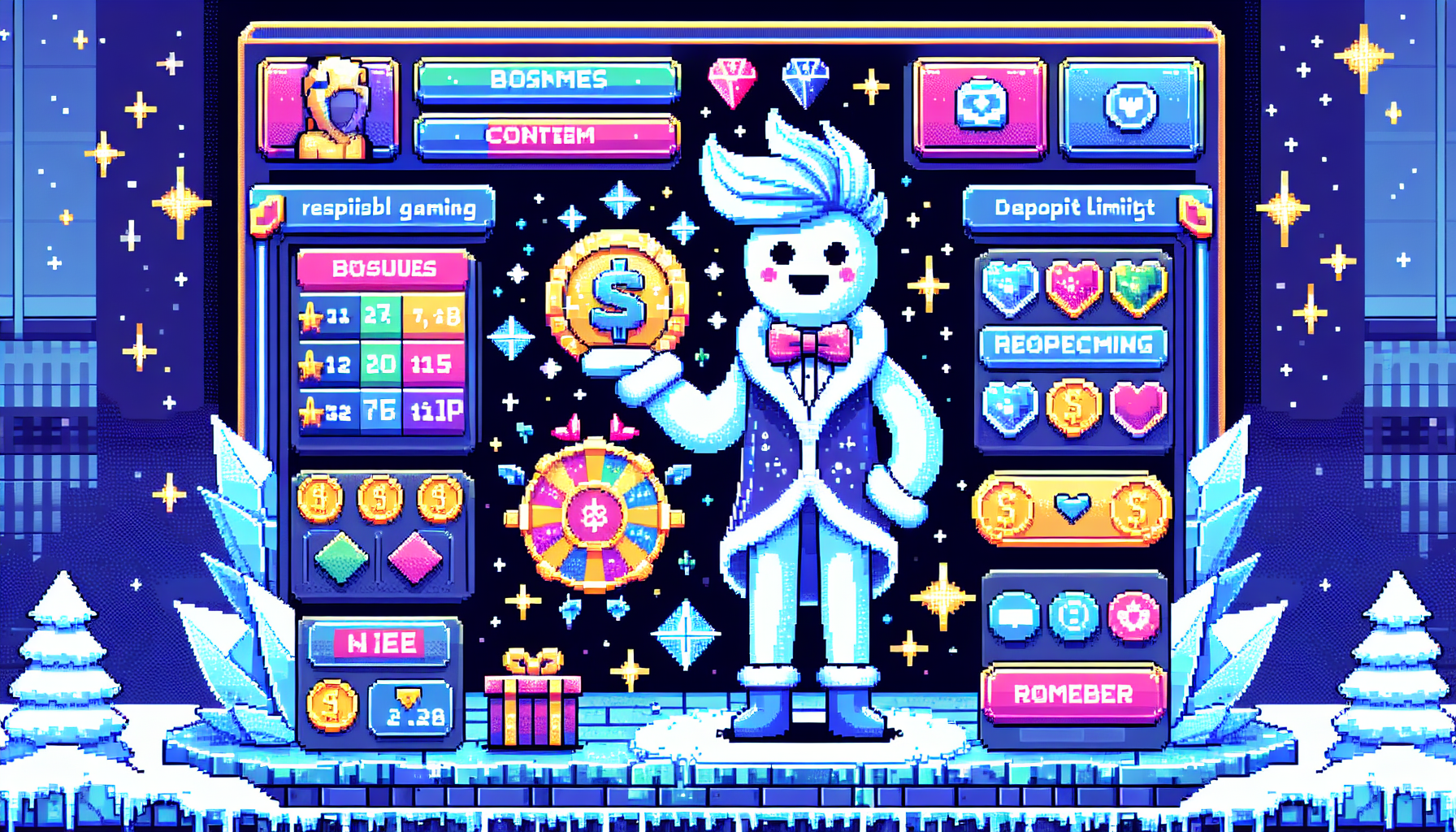 Create an image depicting a vibrant, icy-themed online casino interface with stunning visual elements. Highlight the exciting bonuses, promotions, and VIP programs offered, with icons of gift boxes, coins, and a gilded VIP badge. Include a friendly guide offering tips for players to maximize their experience, surrounded by features for responsible gaming practices like timers and deposit limits. Emphasize the cool, refreshing atmosphere of Ice Casino with snowy accents and shimmering ice crystals.