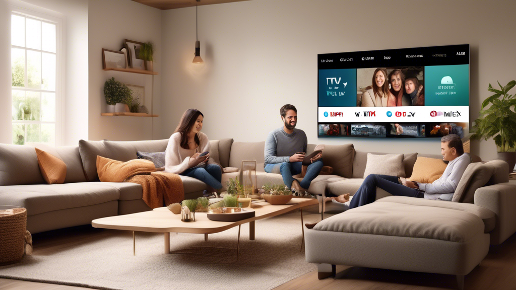 Create an image of a cozy living room setting with a smart TV displaying the Vix TV interface. The image should show a happy family comfortably seated on a couch, with each member using a different device (tablet, smartphone, laptop) displaying Vix TV content. The TV interface should be simple and user-friendly, illustrating easy navigation and accessibility features like subtitles and language options. This visual should emphasize the convenience and cross-platform usability of Vix TV.