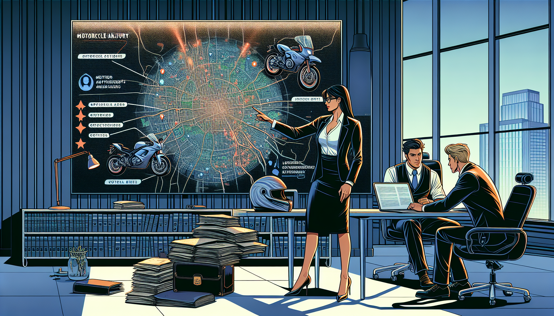 Visualize a thoughtful setting in a law office, with a motorbike injury solicitor reviewing a large, detailed wall map labeled with various motorbike accident hotspots across a city. Nearby, a stack of client files shows evident signs of wear, suggesting frequent use. These files are topped with shining client testimonials. The solicitor, a middle-aged woman with a sharp, intelligent look, is in mid-conversation with a young couple, evidently motorbike enthusiasts judging by their attire. She is pointing towards the map, explaining a point with authority yet friendly demeanor, illustrating her expertise and specialization in motorbike law. In the corner of the room, an open laptop displays glowing reviews of her services, highlighting her accessibility and exceptional communication skills. This scene captures the importance of experience, specialization, and good client-solicitor relationships in choosing the right motorbike injury solicitor.