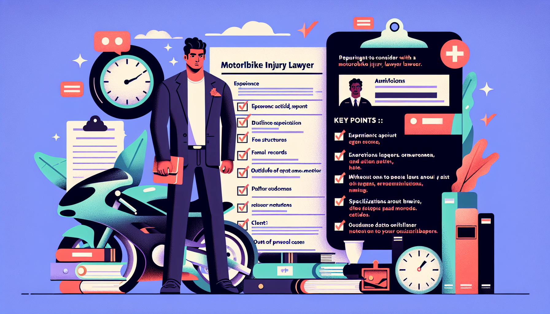 An animated image of a serious client preparing for an initial consultation with a motorbike injury solicitor, surrounded by documents such as motorbike accident reports and medical records. Nearby, a checklist floats displaying essential questions to ask regarding experience, fee structures, and previous case outcomes. In a smaller inset, visualize comparison graphs of different solicitors highlighting their specializations and client ratings.